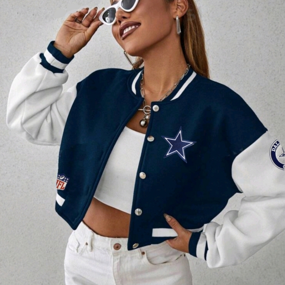 NEW cropped Dallas Cowboys logo patch varsity jacket bomber jacket. Has a pat